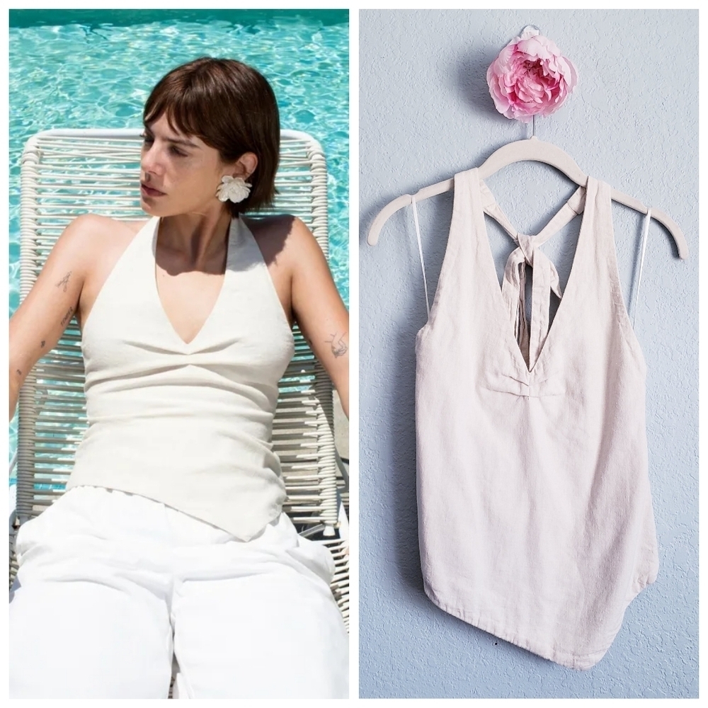 Zara Natural Linen Cotton Blend Asymmetrical Halter Top